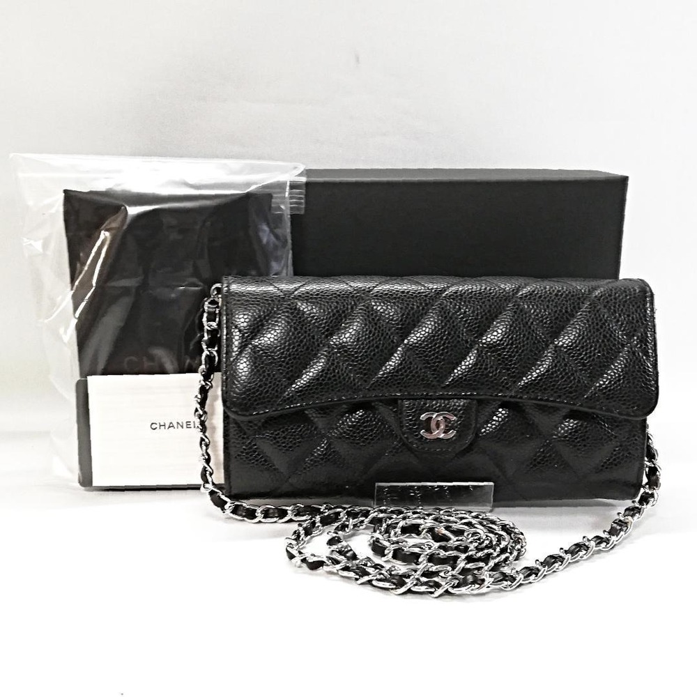 CHANEL Caviar Skin Matelasse Long Wallet Black Chain Shoulder